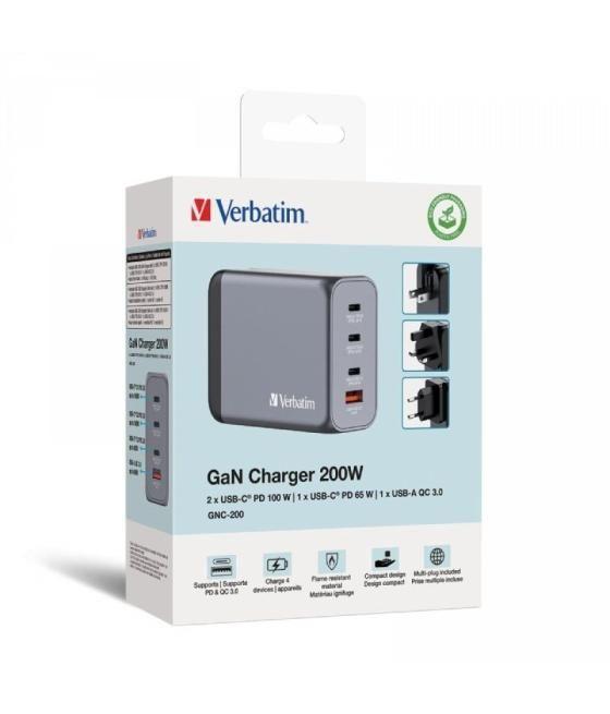 Cargador gan de pared universal verbatim gnc-200/ 3xusb tipo-c/ 1xusb/ 200w