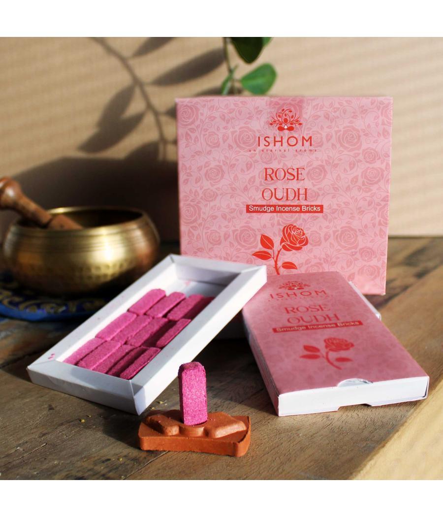 Pack of 15 Natural Incense Smudge Bricks and Burner - Rose Wood