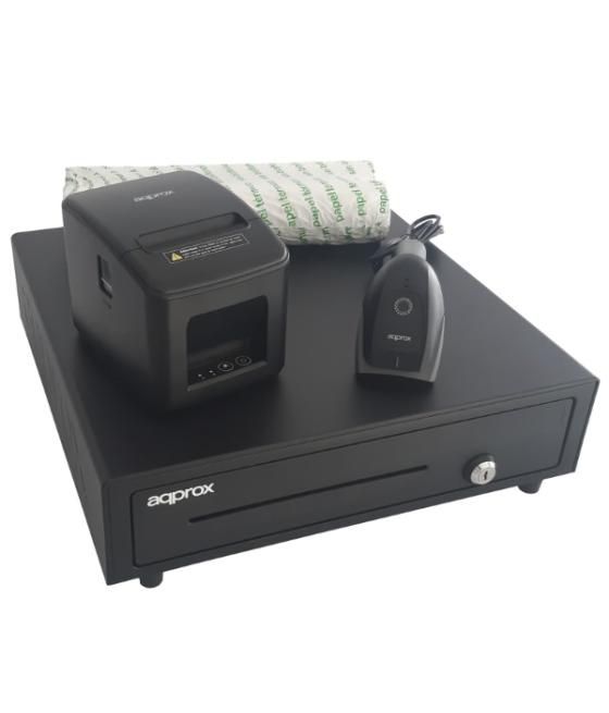Kit tpv approx cajon portamonedas appcash01 negro + lector/scanner appls22 + impresora termica apppos80am-usb + pack rollos pape