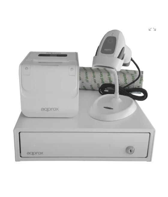 Kit tpv approx cajon portamonedas appcash33wh blanco + lector/scanner appls22wh + impresora termica apppos80amusewh + pack rollo