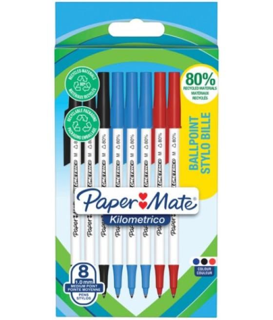 Blíster 8 bolígrafos paper mate kilométrico punta mediana (1,0mm) tinta negra, azul y roja 80% reciclado paper mate 2187680