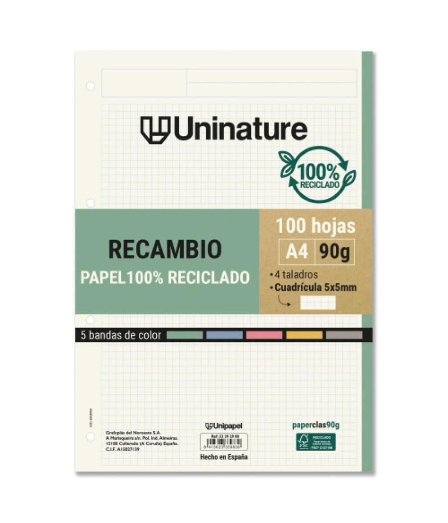 Recambio reciclado a4 100 hojas 90gr cuadricula 5x5 mm con taladros 5 bandas color uninature 53392900