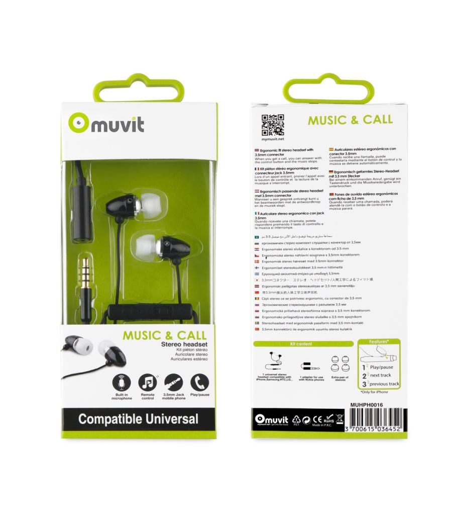 Muvit auriculares estéreo con micrófono + adaptador 3 -5mm negro