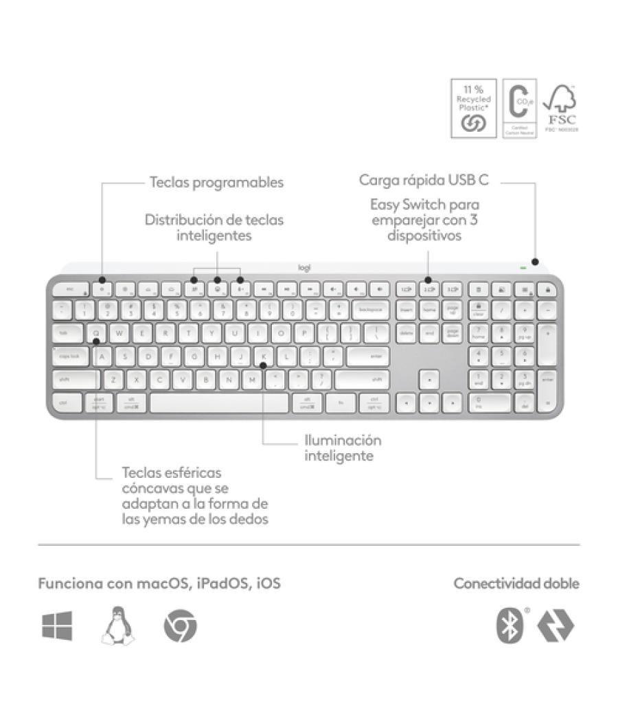 Logitech MX Keys S teclado RF Wireless + Bluetooth QWERTY Español Aluminio, Blanco