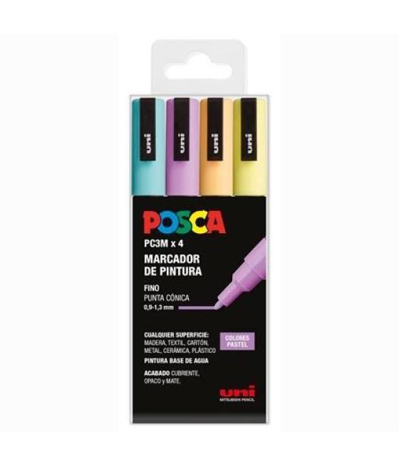 Posca marcador pc-3m/4c no permanente punta fina 0.9mm-1.3mm colores surtidos pastel -4u-