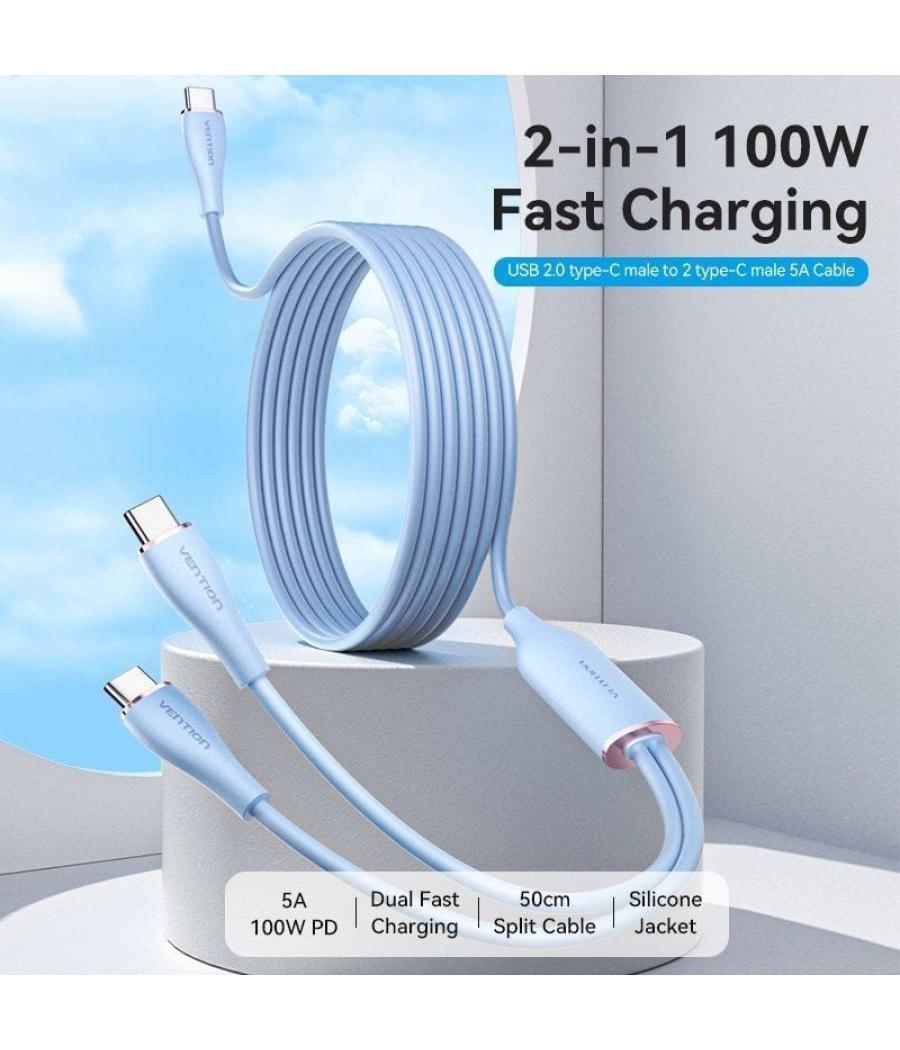 Cable usb tipo-c vention ctmsg/ usb tipo-c macho - 2 x usb tipo-c macho/ hasta 100w/ 480mbps/ 1.5m/ azul