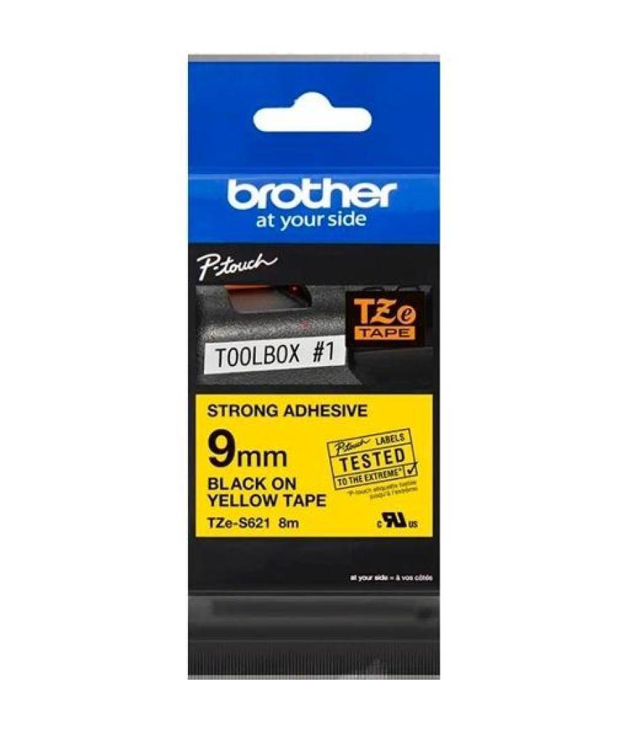 Brother cinta rotuladora laminada super adhesiva negro sobre fondo amarillo de 9mmx8m