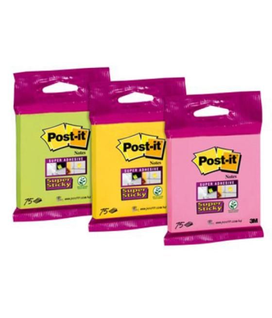 Blister bloc 90 hojas notas adhesivas 76x76mm super sticky colores surtidos 6820-ss3n post-it 7100172224