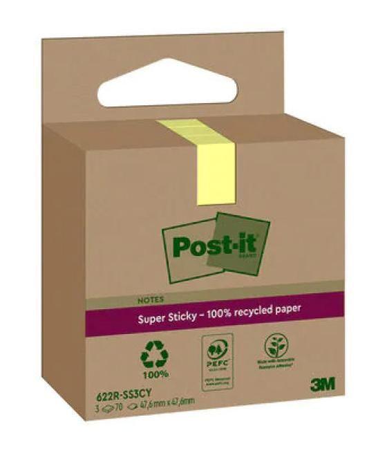 Pack 3 blocs 70 hojas notas recicladas adhesivas 47,6x47,6mm super sticky amarillo pastel caja cartón 622 rss3cy post-it 7100284