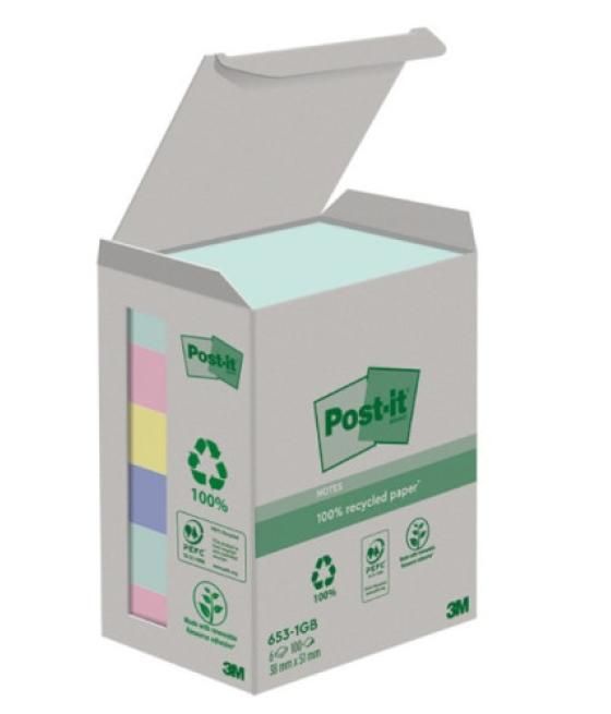 Pack 6 blocs 100 hojas notas recicladas adhesivas 38x51mm colores surtidos caja cartón 653-1gb post-it 7100259445