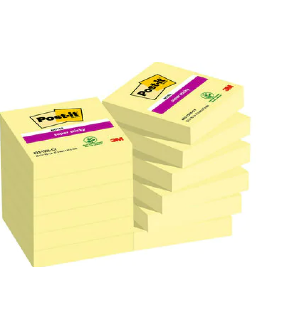 Pack 12 blocs 90 hojas notas adhesivas 47,6x47,6mm super sticky canary yellow caja cartón 622-12sscy-eu post-it 7100290190