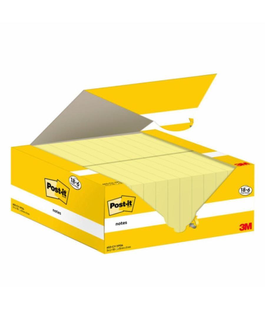 Pack 18+6 blocs 100 hojas notas adhesivas 38x51mm canary yellow caja cartón 653-cy-vp24 post-it 7100317764