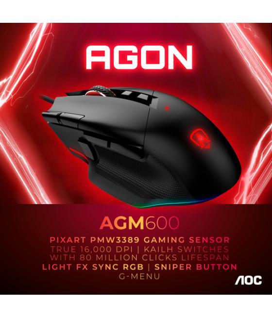 AOC AGON AGM600 ratón mano derecha USB tipo A Óptico 16000 DPI