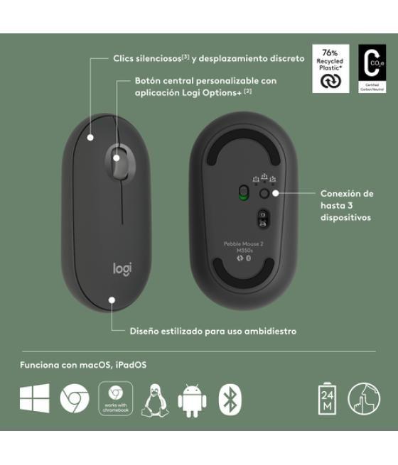 Logitech Pebble 2 M350s ratón Ambidextro RF Wireless + Bluetooth Óptico 4000 DPI