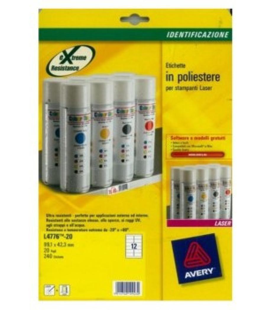 Paquete 20 hojas etiquetas de poliéster blanco-impresoras láser-99,1x42,3 mm avery l4776-20