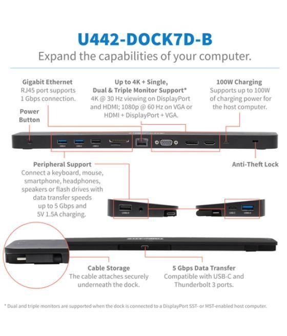 Tripp Lite U442-DOCK7D-B Estación de Conexión USB C, Pantalla Triple - 4K HDMI y DP, VGA, USB 3.2 Gen 1, Hub USB A y USB C, GbE,