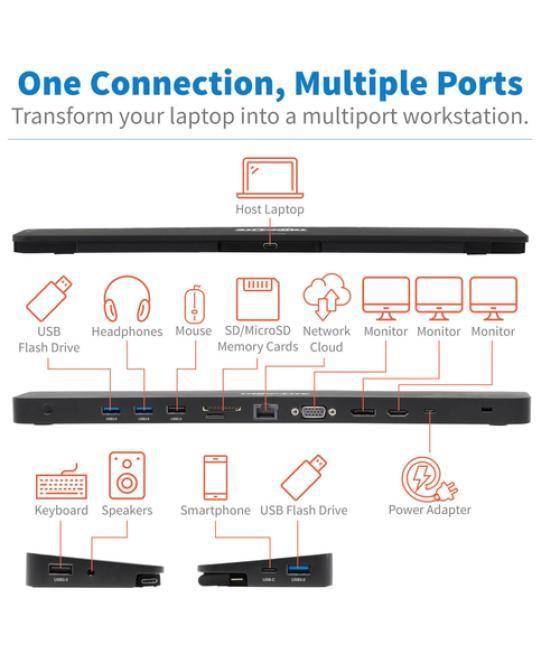 Tripp Lite U442-DOCK7D-B Estación de Conexión USB C, Pantalla Triple - 4K HDMI y DP, VGA, USB 3.2 Gen 1, Hub USB A y USB C, GbE,