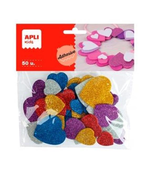 Apli formas goma eva adhesivas corazones con purpurina metalizada colores surtidos -50u-