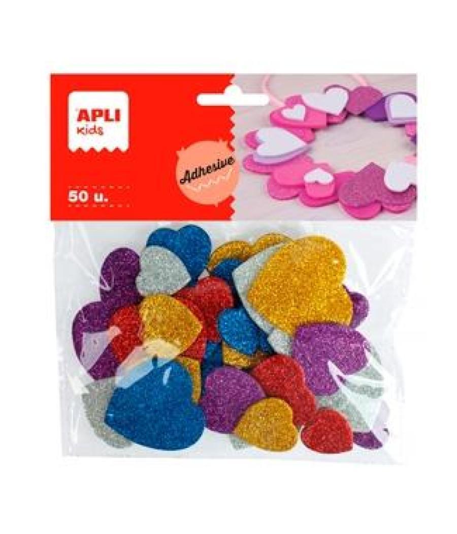 Apli formas goma eva adhesivas corazones con purpurina metalizada colores surtidos -50u-