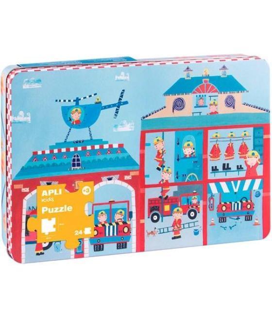 Apli puzzle temática bomberos 24 piezas caja metálica  3 años