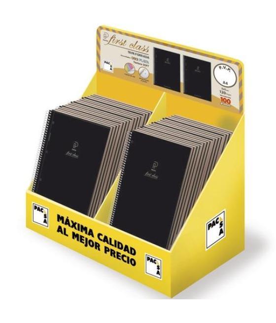 Pacsa cuaderno serie first class a5 microperforado 120h tapa negra relieve oro/plata expositor de 24 surtidos