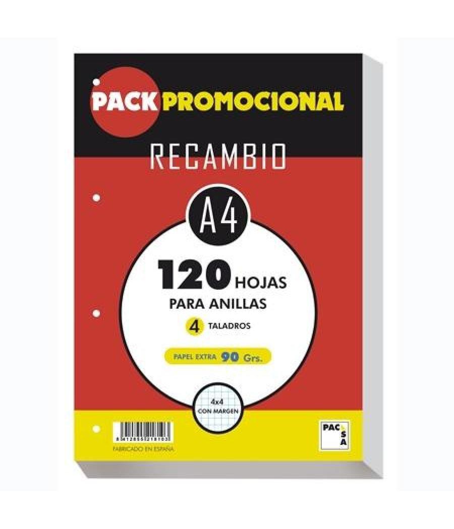 Pacsa recambio hojas a4 100h 4 taladros 90gr 4x4 blanco