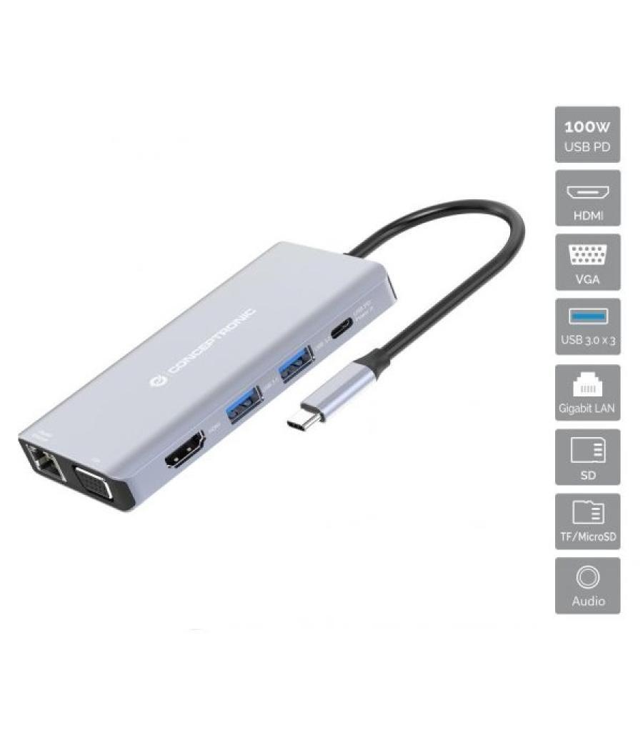 Adaptador usb-c 10in1 conceptronic hdmi vga usb 3.0 usb-a audio lan gigabit lector de tarjetas usb-c pd 100w