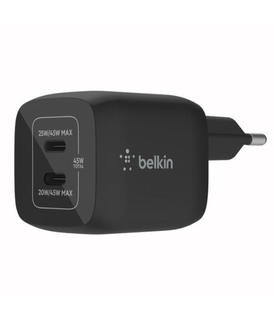 Cargador de pared belkin wch011vfbk doble usb-c gan boost charge pro 45w (25w+20w) negro