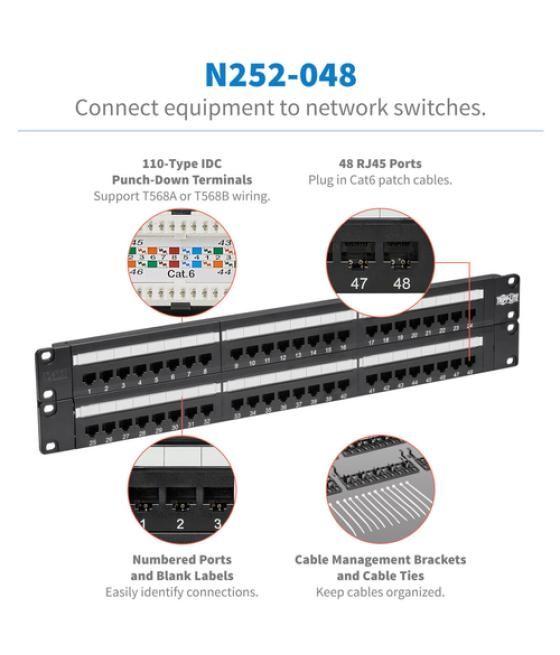 Tripp Lite N252-048 Panel de Conexiones Cat5 / Cat6 110 de 48 Puertos, para Instalación en 2U de Rack, 568B, Ethernet RJ45
