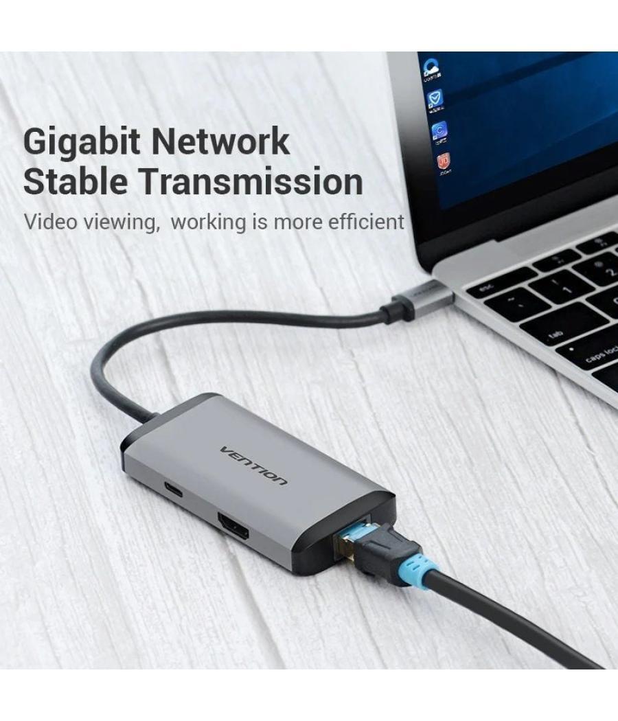 Docking usb tipo-c vention cnchb/ 1xhdmi/ 3xusb/ 1xusb tipo-c pd/ 1xrj45/ gris