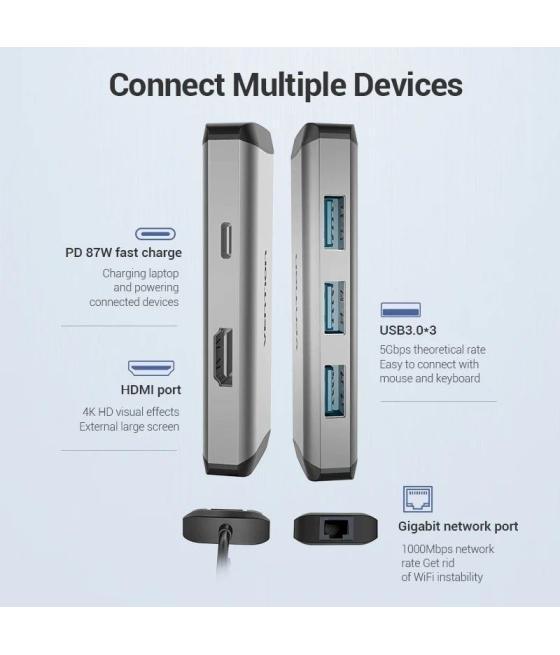 Docking usb tipo-c vention cnchb/ 1xhdmi/ 3xusb/ 1xusb tipo-c pd/ 1xrj45/ gris