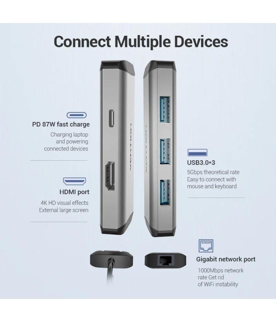 Docking usb tipo-c vention cnchb/ 1xhdmi/ 3xusb/ 1xusb tipo-c pd/ 1xrj45/ gris