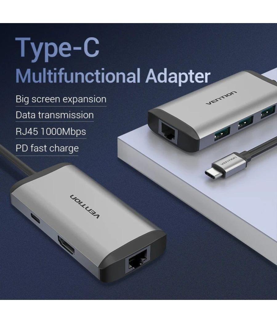 Docking usb tipo-c vention cnchb/ 1xhdmi/ 3xusb/ 1xusb tipo-c pd/ 1xrj45/ gris
