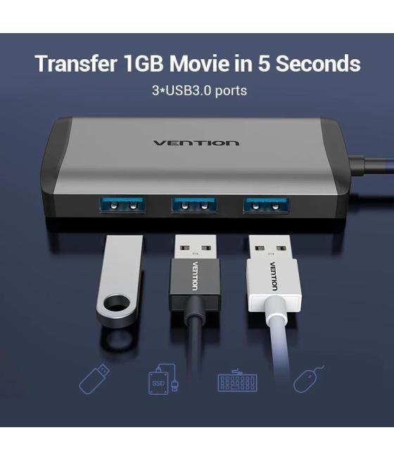Docking usb tipo-c vention cnchb/ 1xhdmi/ 3xusb/ 1xusb tipo-c pd/ 1xrj45/ gris