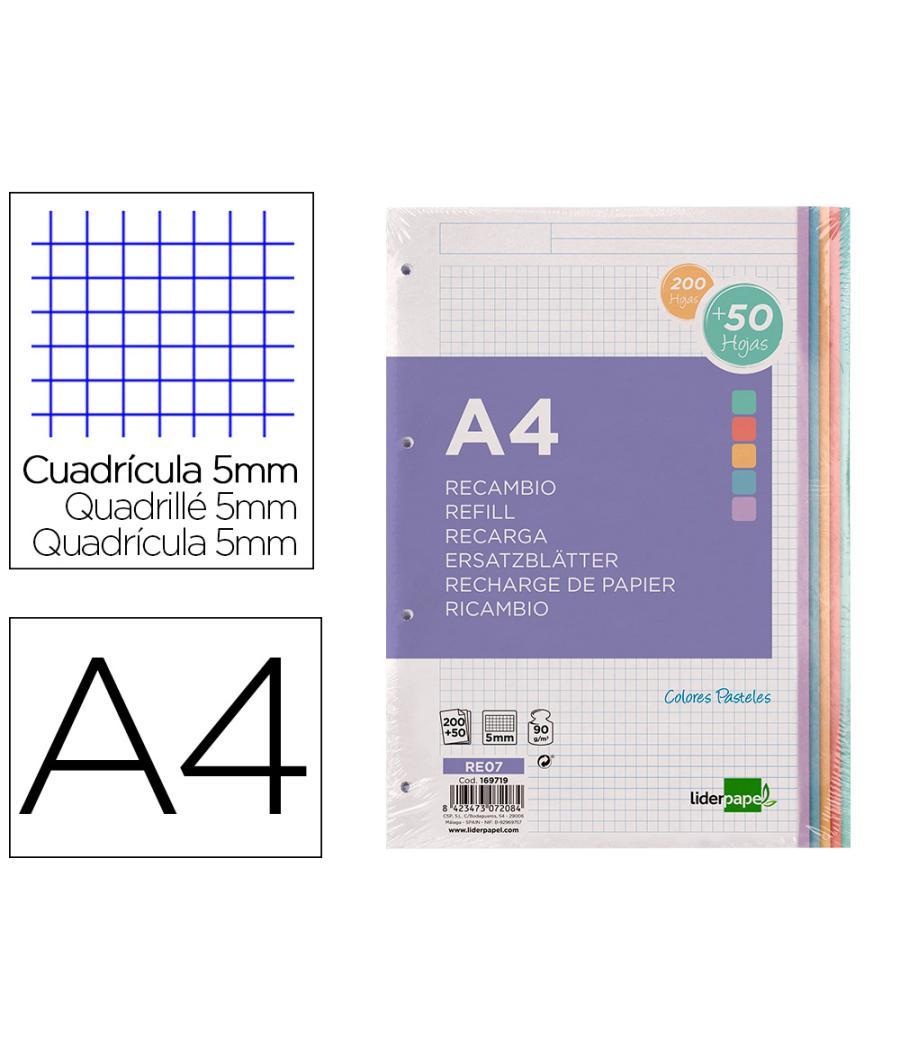 Recambio liderpapel a4 200+50 hojas 90g/m2 cuadro 5 mm 4 taladros bandas de 5 colores