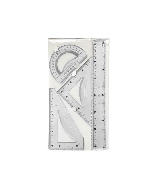 Juego escuadra 10 cm cartabón 14 cm regla 30 cm y semicirculo plástico flexible en petaca liderpapel