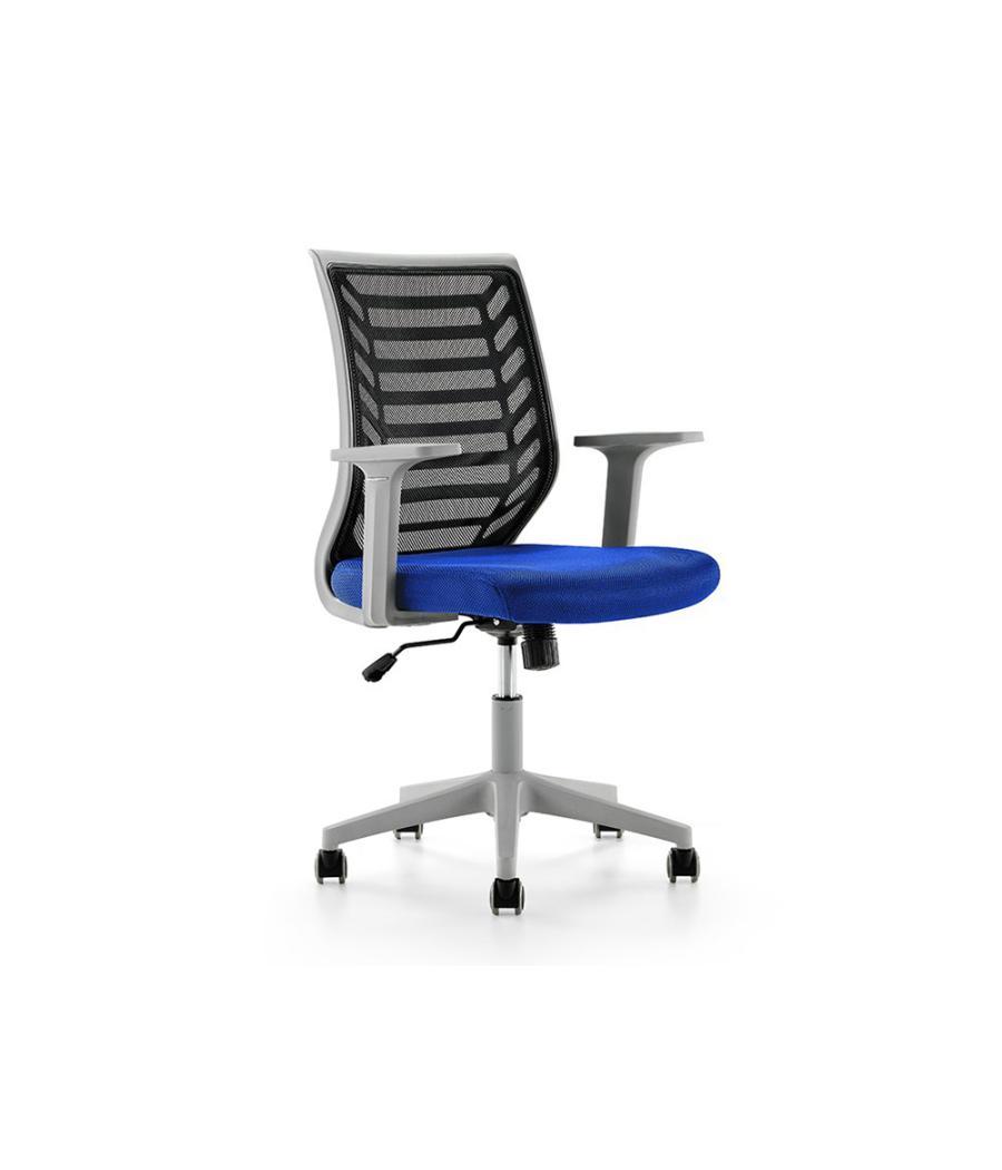 Silla rocada de oficina brazos regulables estructura gris respaldo malla y asiento tela ignifuga azul