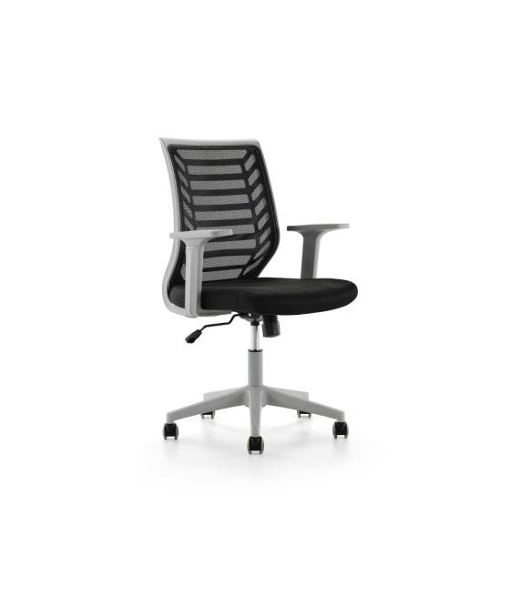 Silla rocada de oficina brazos regulables estructura gris respaldo malla y asiento tela ignifuga negro