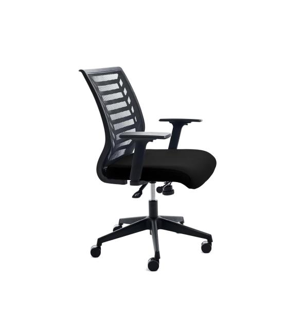 Silla rocada de oficina brazos regulables estructura blanca respaldo malla y asiento tela ignifuga negro