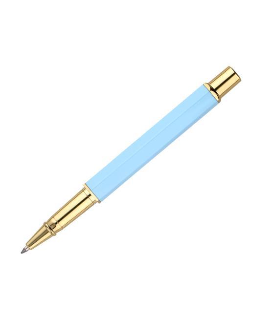Bolígrafo belius macaron bliss forma hexagonal color celeste y dorado tinta azul caja de diseño