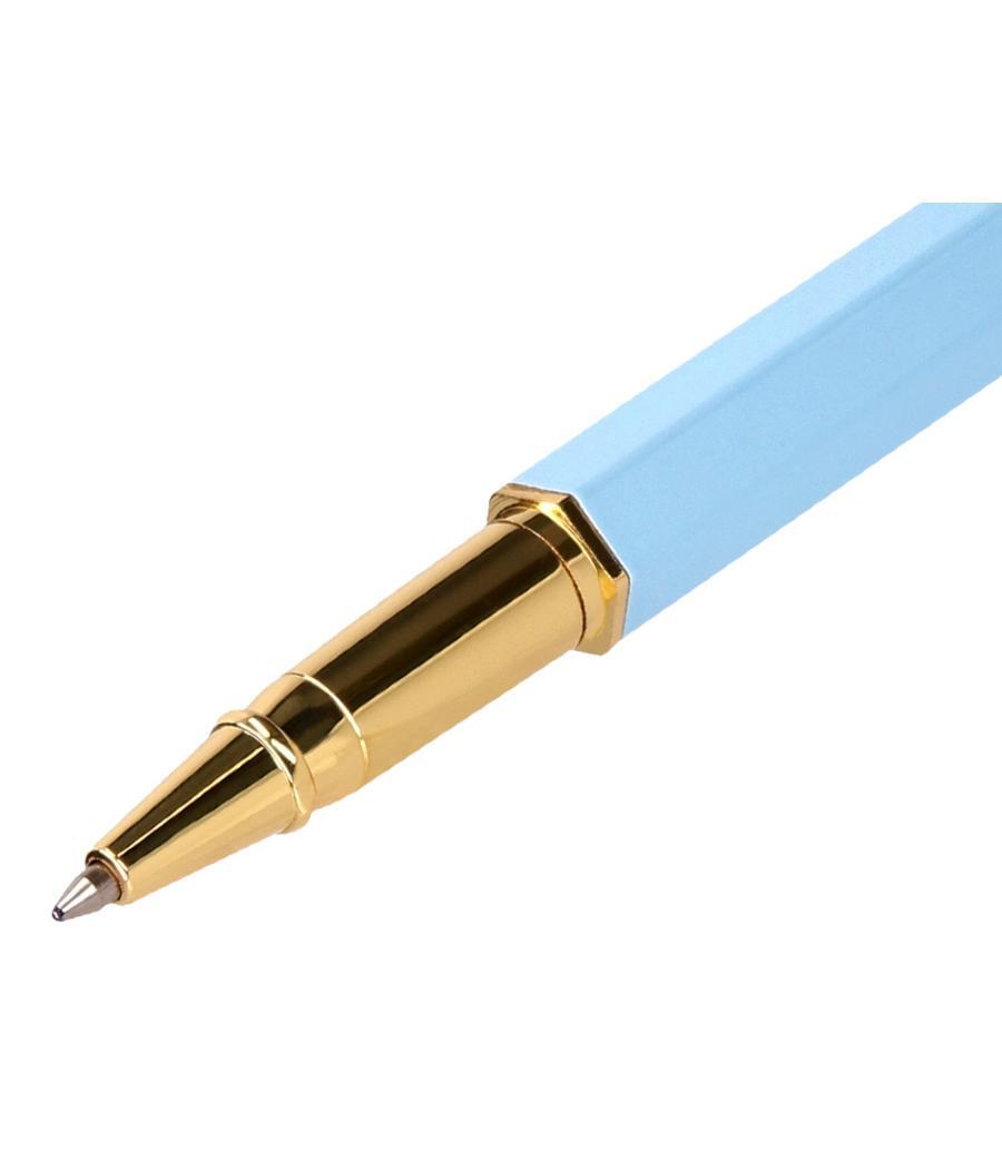 Bolígrafo belius macaron bliss forma hexagonal color celeste y dorado tinta azul caja de diseño