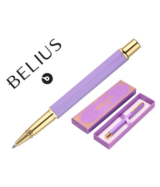 Bolígrafo belius macaron bliss forma hexagonal color morado y dorado tinta azul caja de diseño