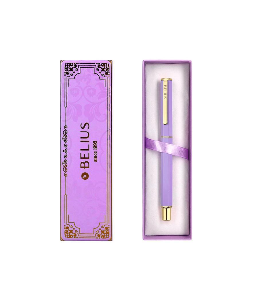 Bolígrafo belius macaron bliss forma hexagonal color morado y dorado tinta azul caja de diseño