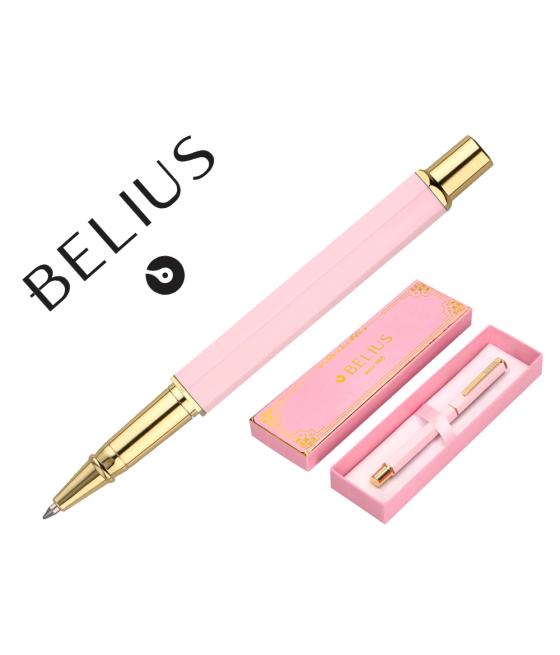 Bolígrafo belius macaron bliss forma hexagonal color rosa y dorado tinta azul caja de diseño