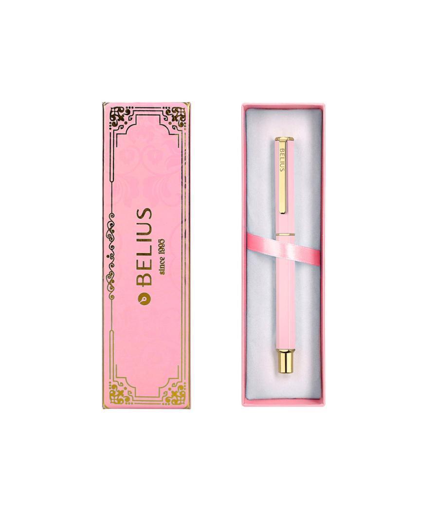 Bolígrafo belius macaron bliss forma hexagonal color rosa y dorado tinta azul caja de diseño