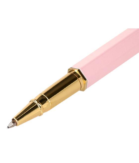 Bolígrafo belius macaron bliss forma hexagonal color rosa y dorado tinta azul caja de diseño