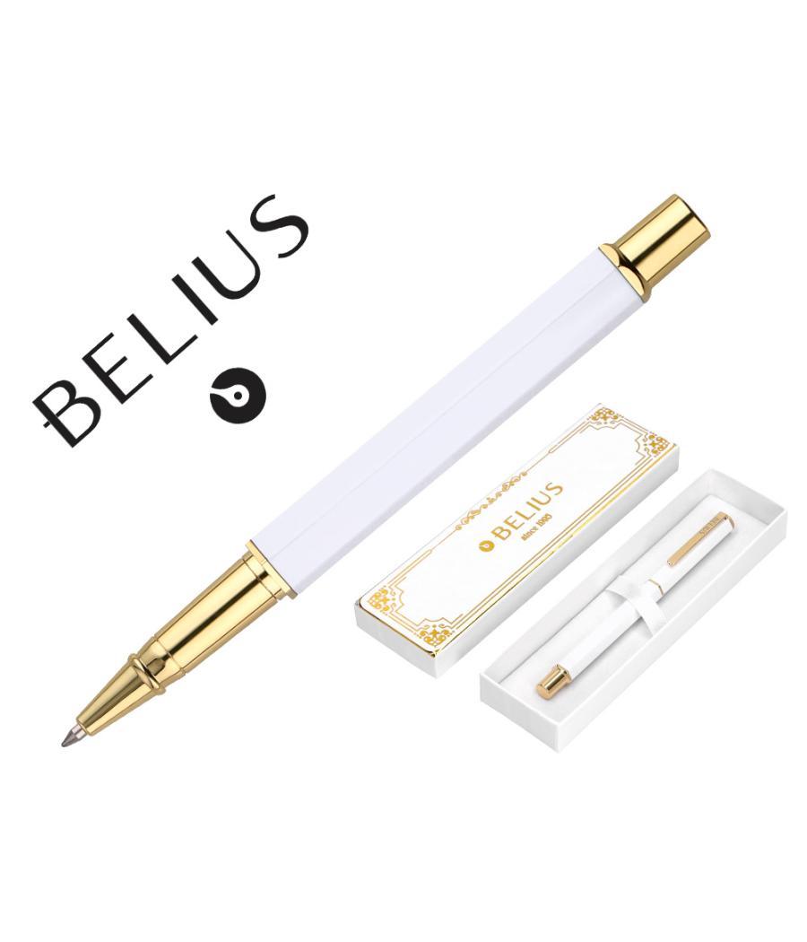 Bolígrafo belius macaron bliss forma hexagonal color blanco y dorado tinta azul caja de diseño