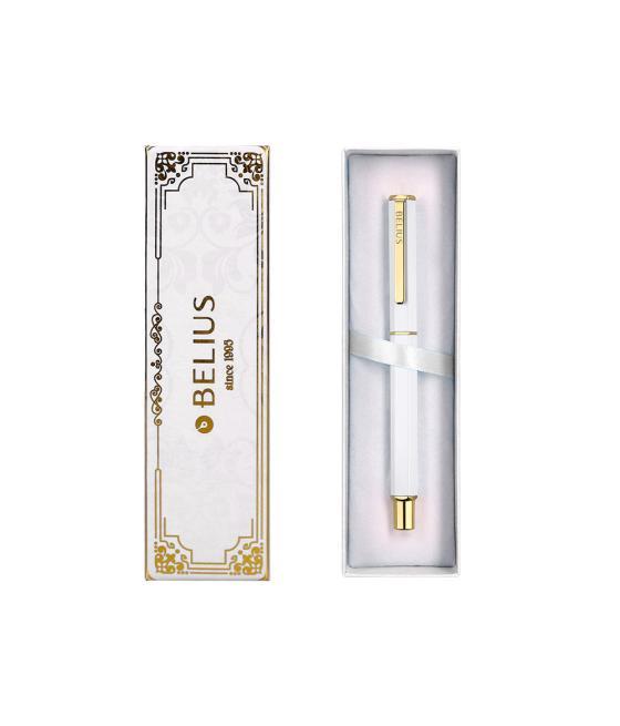 Bolígrafo belius macaron bliss forma hexagonal color blanco y dorado tinta azul caja de diseño