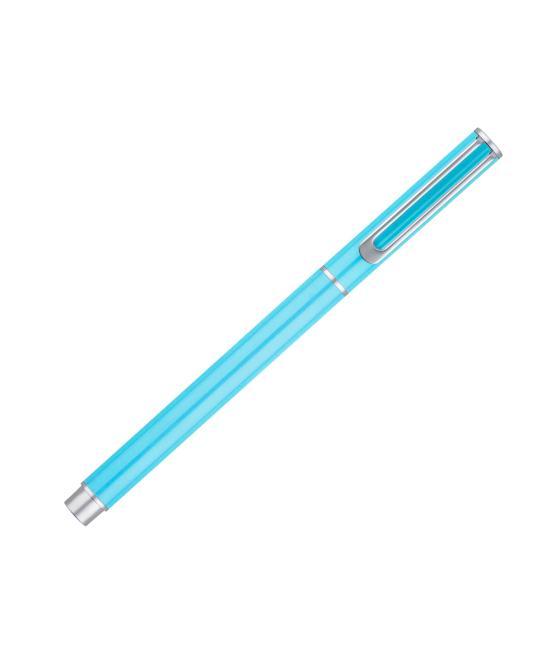 Juego bolígrafo y roller belius endless summer aluminio color celeste y plateado tinta azul caja de diseño