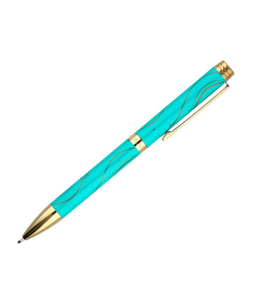 Bolígrafo belius aqua aluminio color turquesa y dorado tinta azul caja de diseño